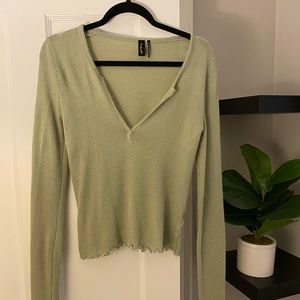 Medium Green Urban Outfitters Long Sleeve V-Neck Knit Top